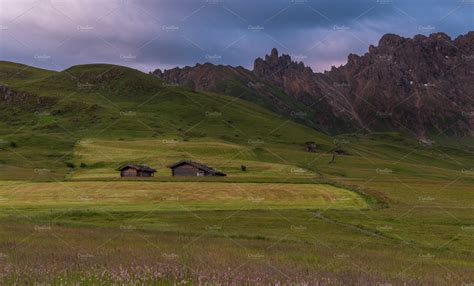 Cottages at alpe di siusi at sunrise featuring alm, alpe, and alpine ...