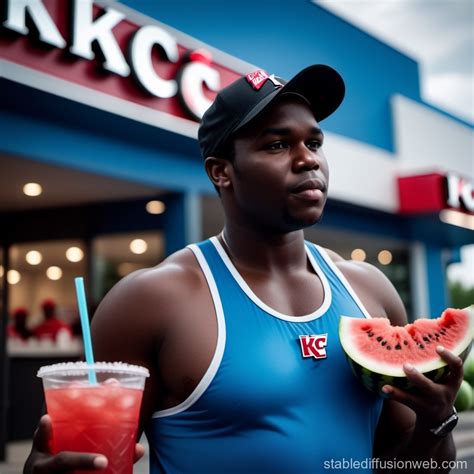 Person Eating Watermelon and Fried Chicken at KFC | Stable Diffusion en línea