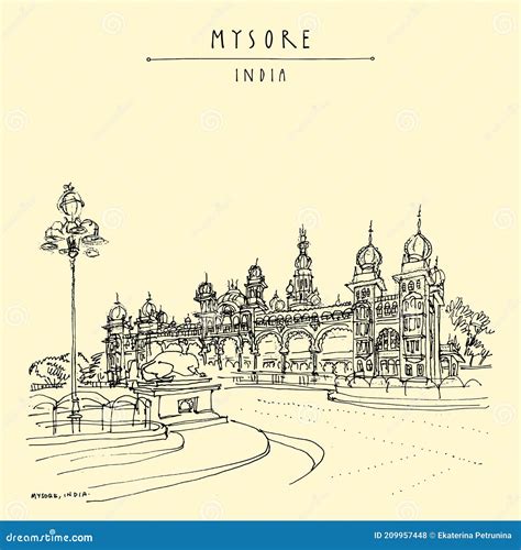 Mysore, Karnataka, India. Mysore Palace. Vintage Hand Drawn Postcard Stock Illustration ...