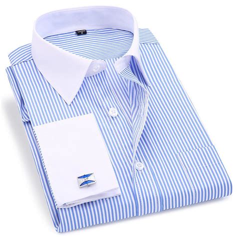 2020 High Quality Striped Men French Cufflinks Casual Dress Shirts Long ...