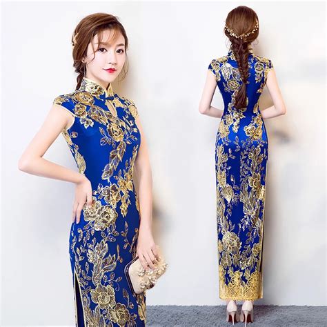 Vintage Chinese Style Cheongsam Wedding Dress Blue Womens Lace Long Gown Qipao Party Evening ...