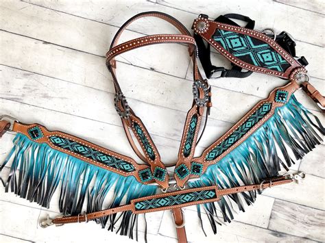 4 Piece Turquoise and Black Beaded Ombre Fringe Tack Set | Fringe tack ...