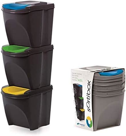 Set of 3 x 20 Litre Large Stackable Recycling Sorting Colour Coded Plastic Bins with Hinged Lids ...