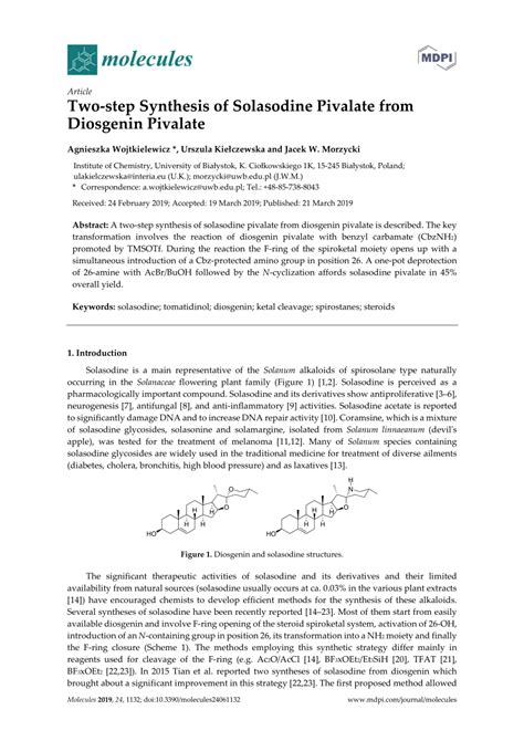 (PDF) Two-step Synthesis of Solasodine Pivalate from Diosgenin Pivalate