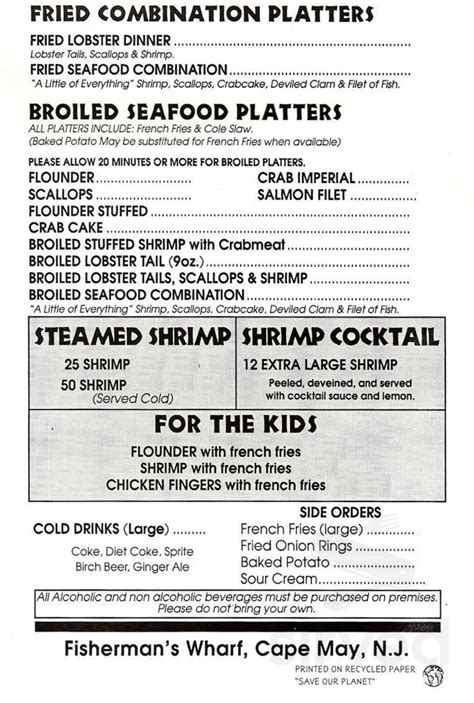 The Lobster House menus in Cape May, New Jersey, United States