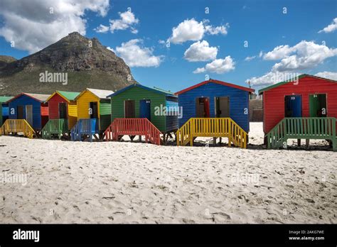 The colored cabins in Muizenberg beach near Cape Town, South Africa ...