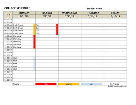 College Schedule Template » ExcelTemplate.net