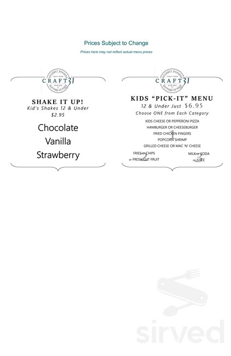 Craft 31 menus in Williamsburg, Virginia, United States