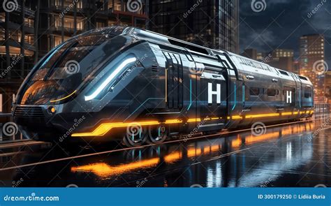 High-speed Hydrogen Train on the Modern City at Night. 3D Rendering ...