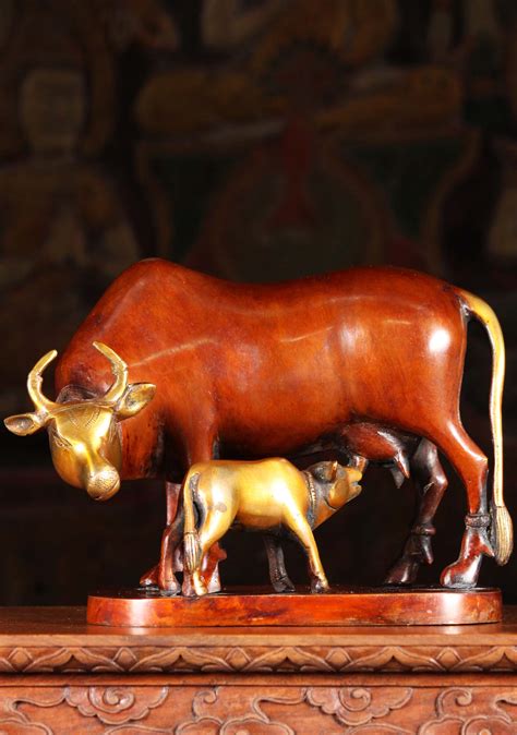 Brass Hindu Sculpture of the Gift Giving Cow, Kamadenu Nursing a Small Calf 7" (#89bs134z ...