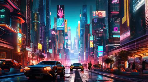 A bustling cyberpunk cityscape with towering neon-lit skyscrapers and ...