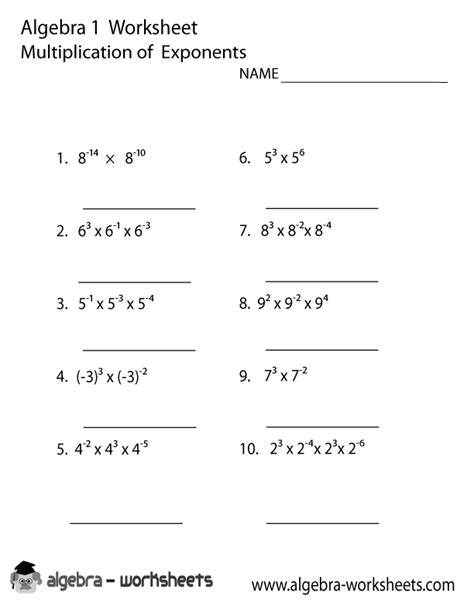 Multiplication Exponents Algebra 1 Worksheet Printable