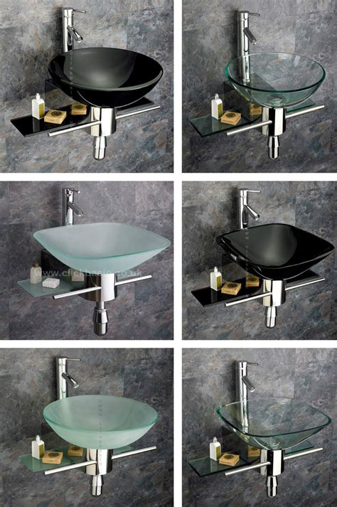 Wall Mounted Bathroom Glass Basin Bowl Sink With Shelf Set Tap Plug ...