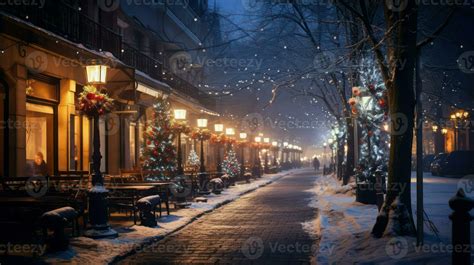 Winter city street at night with street lamps and trees covered with ...