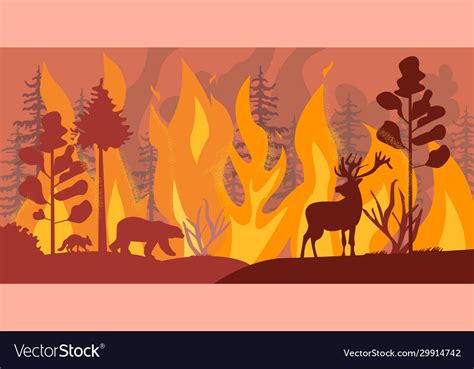 Silhouettes wild animals at fire forest Royalty Free Vector