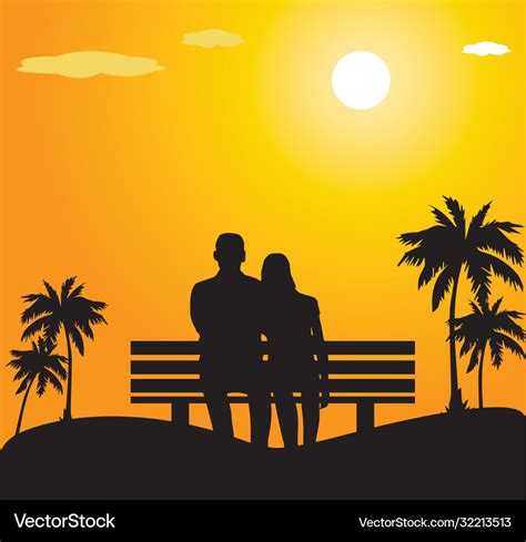 Sunset couple sitting on bench silhoutes Vector Image