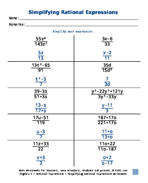 Free Algebra 2 Rational Expressions worksheets for homeschoolers ...