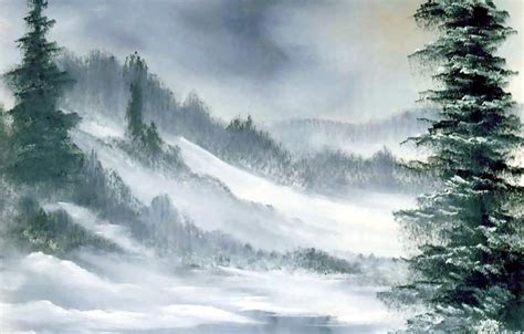 Wallpaper winter, forest, snow, trees, fog, picture, ate, Blizzard, painting, snowfall, Bob Ross ...