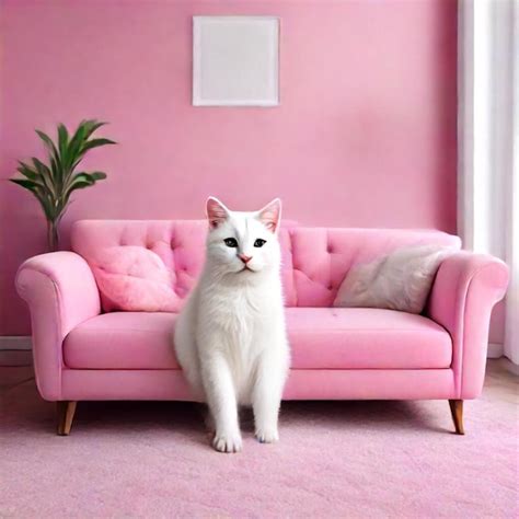 Premium Photo | A white cat sits on a pink couch in a living room