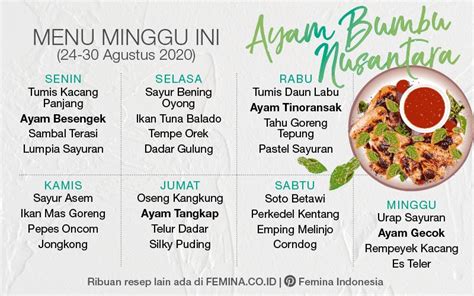 Menu Mingguan: Ayam Bumbu Nusantara | Tidak bisa, Menu mingguan, Ide makanan