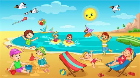 Kids playing on Beach | Picture story for kids, Beach illustration ...