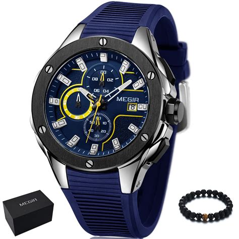 Megir Fashion Watch Men Quartz Luxury Brand Military Sport Watch Blue Silicone Band Wrist ...