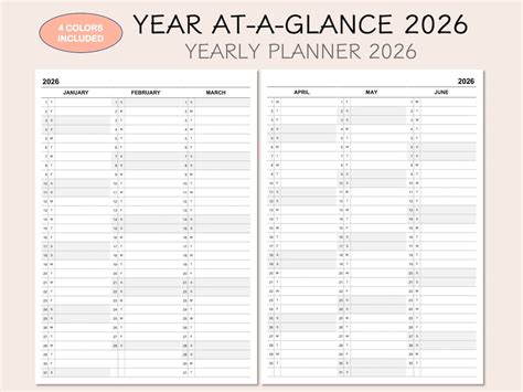 Printable Yearly Planner Calendar 2026, Yearly Overview 2026, Year At-a ...