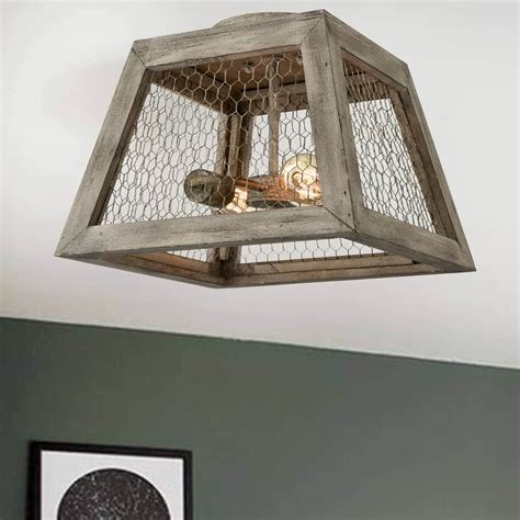 Distressed Grey Wood Rustic Flush Mount Ceiling Light | Claxy