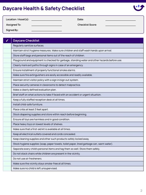 Daycare Health And Safety Checklist | Xenia Templates