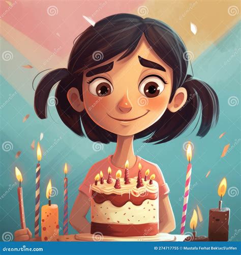 A Girl is Holding a Cake while Celebrating a Birthday, Cartoon ...