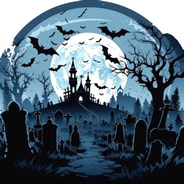 Halloween Night, Bats, Ghosts And A Big Moon Over The Cemetery, Halloween Silhouette PNG ...