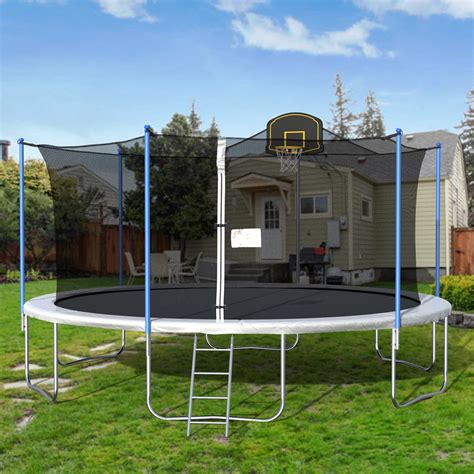 16-Foot Outdoor Trampoline with Basketball Hoop, Kids Trampoline with Safety Enclosure Net ...