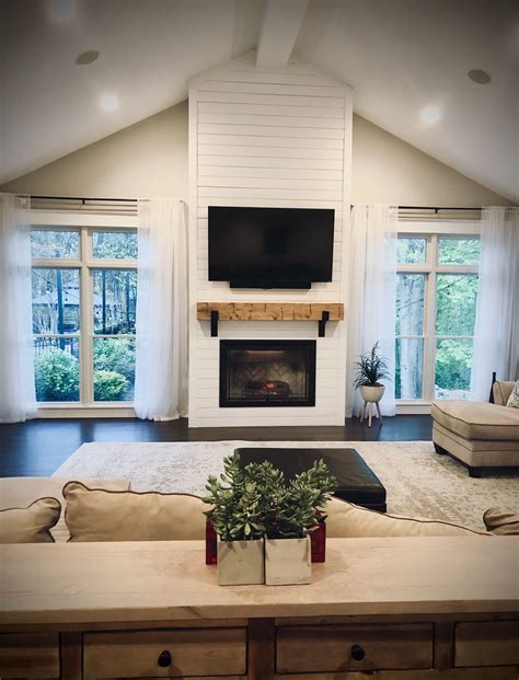 Shiplap fireplace with wood beam mantle | Farm house living room, Home ...