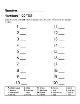 Number 1-20 Spanish Test by Katina Alami | Teachers Pay Teachers