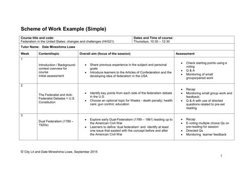 Scheme of Work Example (Simple)