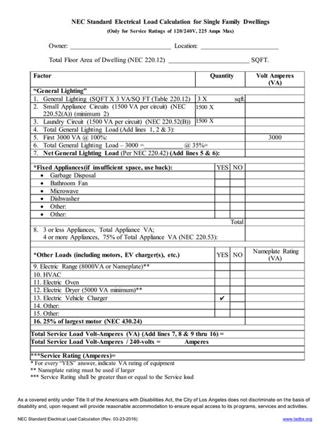 NEC Standard Electrical Load Calculation for Single Family