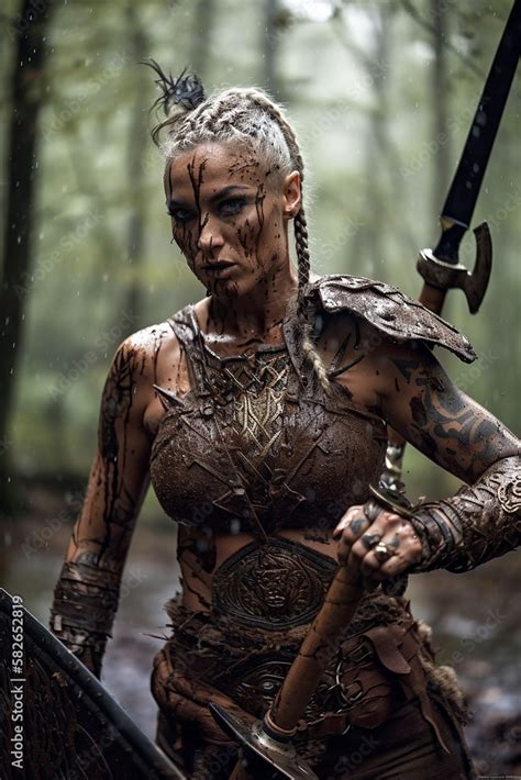 Portrait of an ancient female viking warrior with blonde hair, leather ...