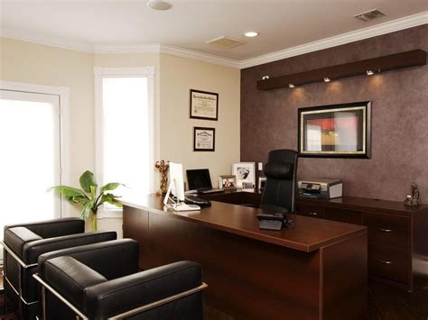 Brown Office With Wood Desk and Leather Chairs | Home office colors, Office interior design ...