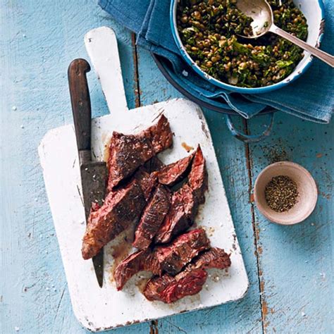 Onglet steak with lentil and herb salad recipe | delicious. magazine