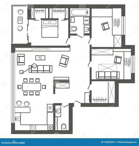 Architectural Sketch Plan of Three Bedroom Apartment Stock Vector - Illustration of building ...