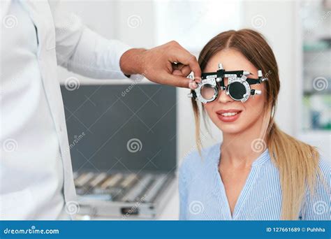 Eye Exam. Woman in Glasses Checking Eyesight at Clinic Stock Image - Image of glasses ...