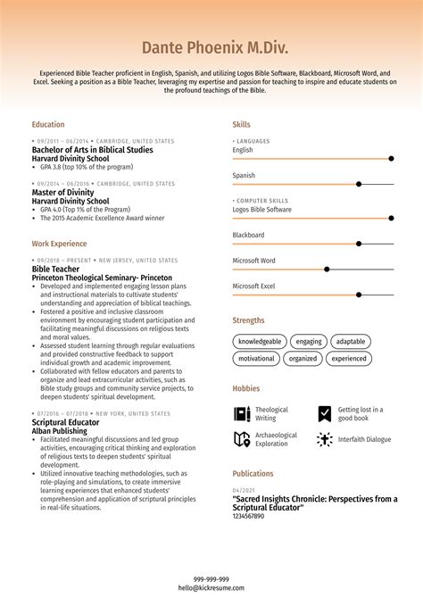 Bible Teacher Resume Sample | Kickresume