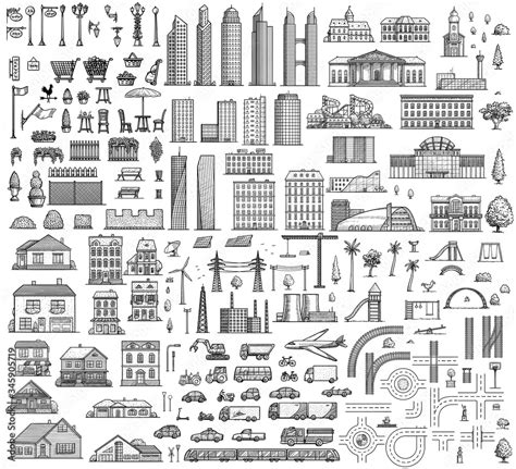 City map elements illustration, drawing, engraving, ink, line art ...