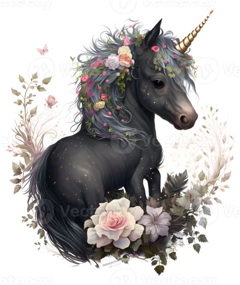 black floral unicorn, 24624357 PNG