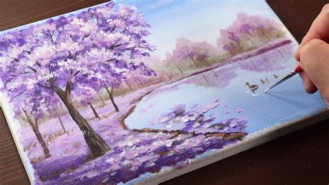 A purple tree on lake /acrylic painting for beginners /landscape Painting Tutorial / Painting ...