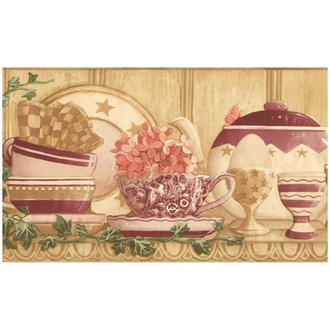 Prepasted Wall Border - Vintage Kitchen Shelf Cups Kettle Plates Traditional Wallpaper Border ...