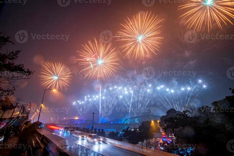 Colorful fireworks from Vijit Chao Phraya on Buddhayodfa Chulalok Maharat Bridge, Bangkok ...