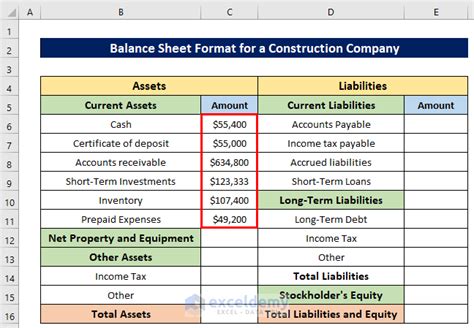 Balance Sheet Format for Construction Company in Excel: 9 Methods