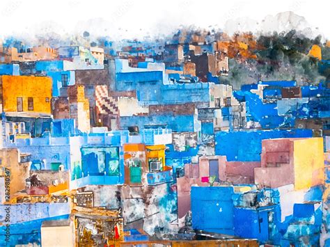 Digital painting of blue city, illustration of historic building for background. Jodhpur City in ...