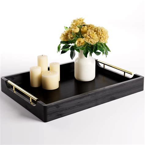 Black Coffee Table Tray 16.5" x 12" - Real Wood Ottoman Tray for Living Room - Serving Tray with ...